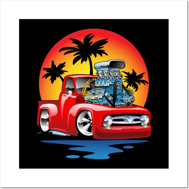 Classic American Hot Rod Pick-up Truck with Sunset Cartoon Wall Art by hobrath